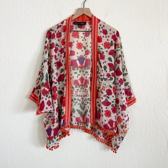 Colleen Lopez Tops - Colleen Lopez Orange Floral Embroidered Tasseled Open Front Kimono Medium/Large